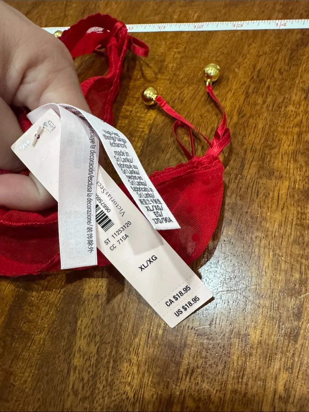 NWT Victorias Secret Red Sheer Lace w/ bell Tie-Side Thong